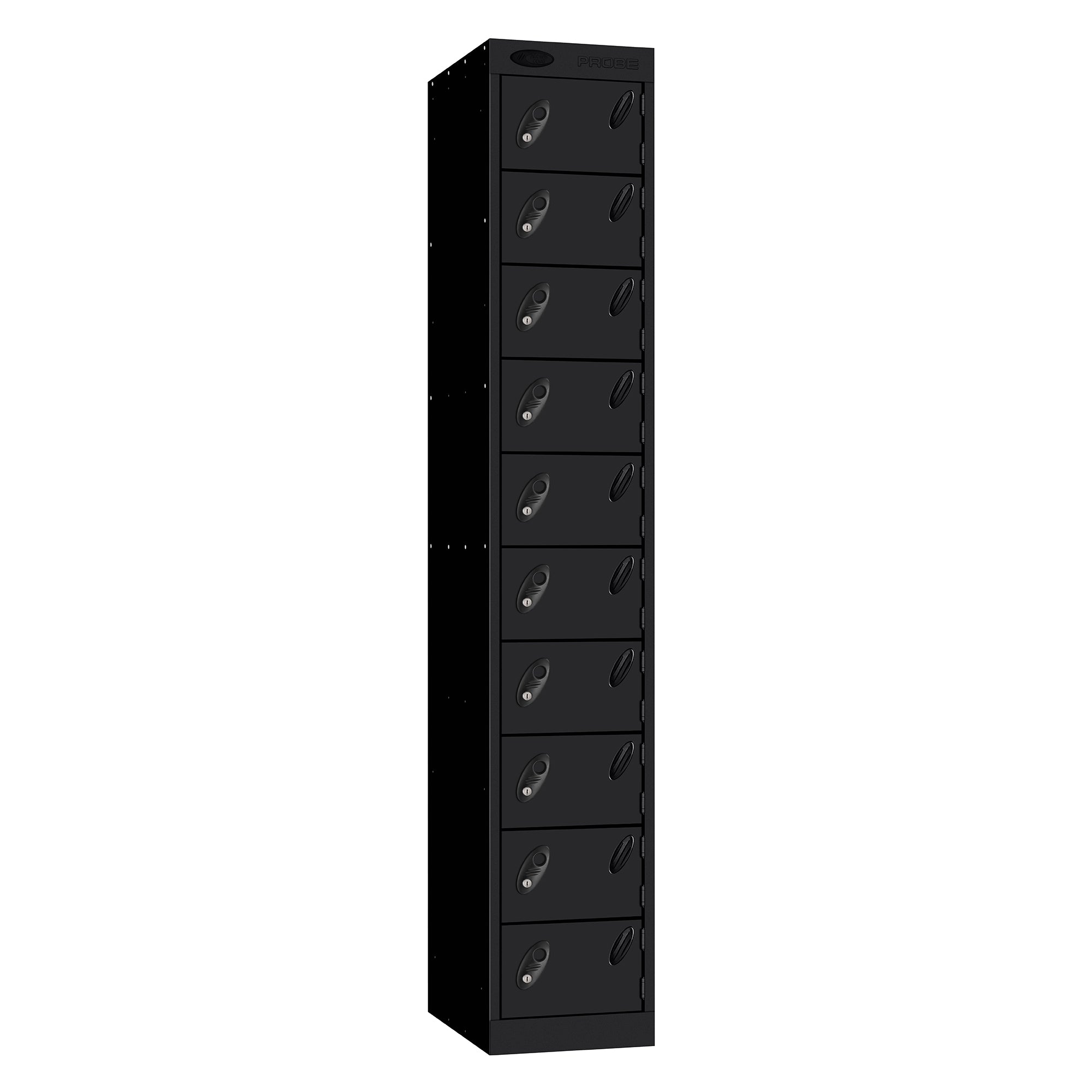 Probe Standard Metric Locker — 10 Door, Flat Top, Triple Width — Black Carcass / Black Doors