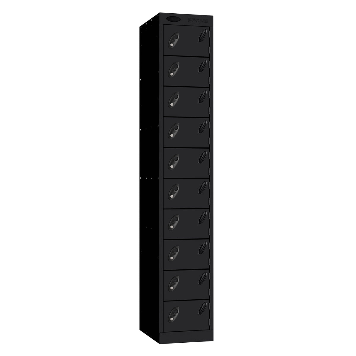 Probe Standard Metric Locker — 10 Door, Sloping Top, Double Width (300mm) — Black Carcass / Black Doors