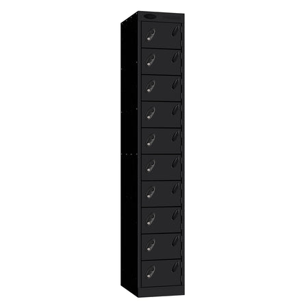 Probe Standard Metric Locker — 10 Door, Flat Top, Double Width (380-450mm) — Black Carcass / Black Doors