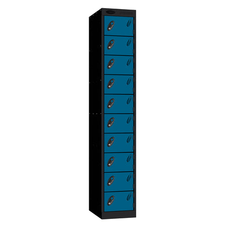 Probe Standard Metric Locker — 10 Door, Sloping Top, Triple Width — Black Carcass / Blue Doors