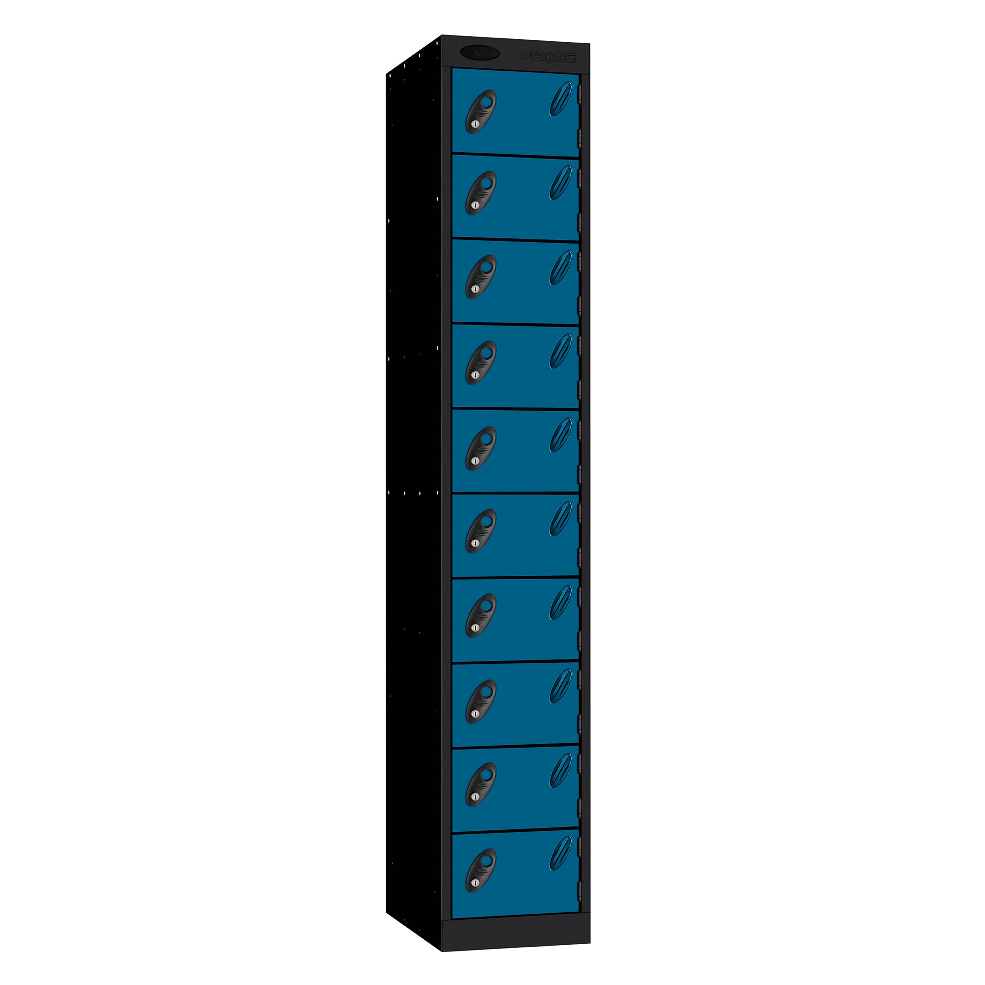 Probe Standard Metric Locker — 10 Door, Flat Top, Triple Width — Black Carcass / Blue Doors