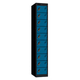 Probe Standard Metric Locker — 10 Door, Sloping Top, Double Width (300mm) — Black Carcass / Blue Doors