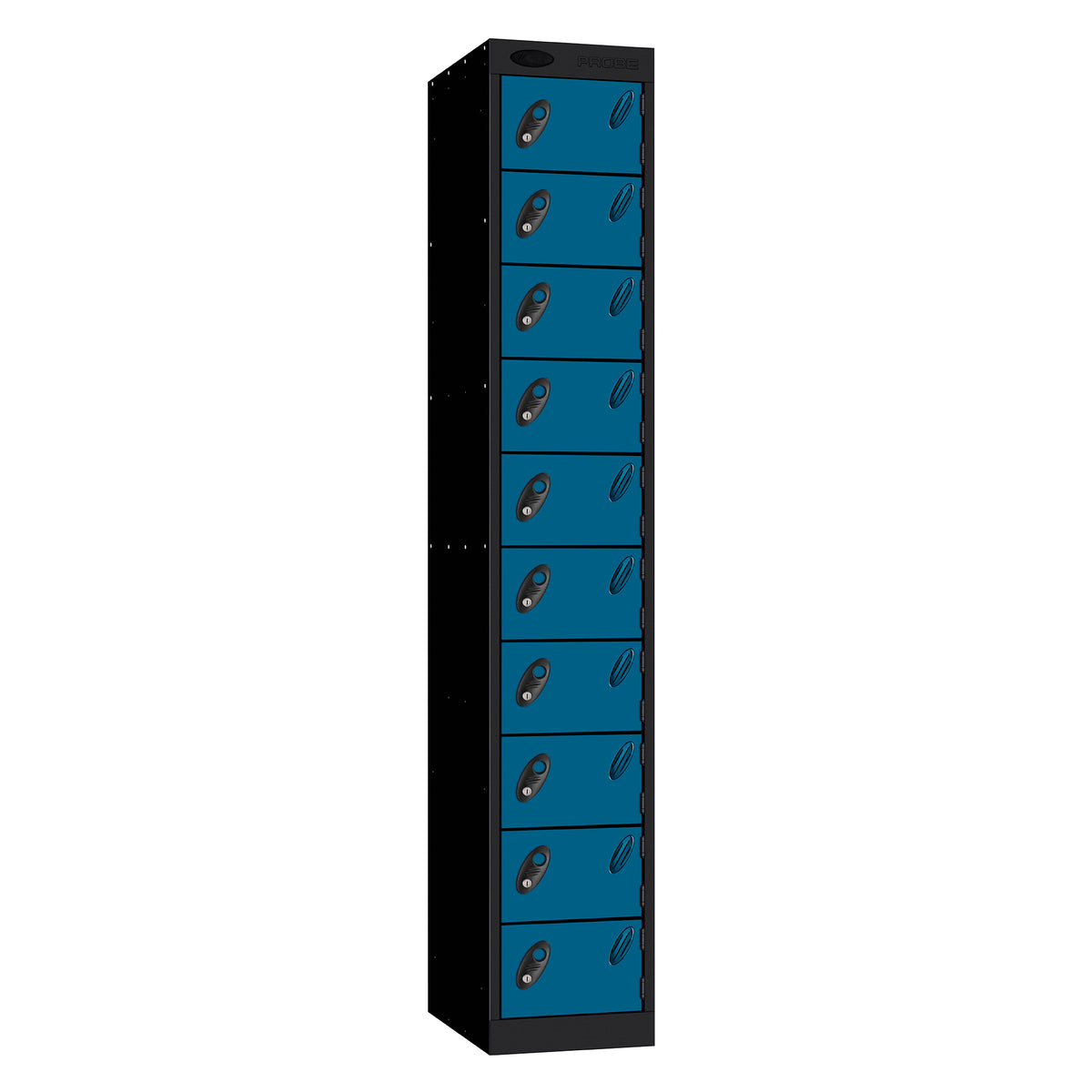 Probe Standard Metric Locker — 10 Door, Sloping Top, Double Width (300mm) — Black Carcass / Blue Doors