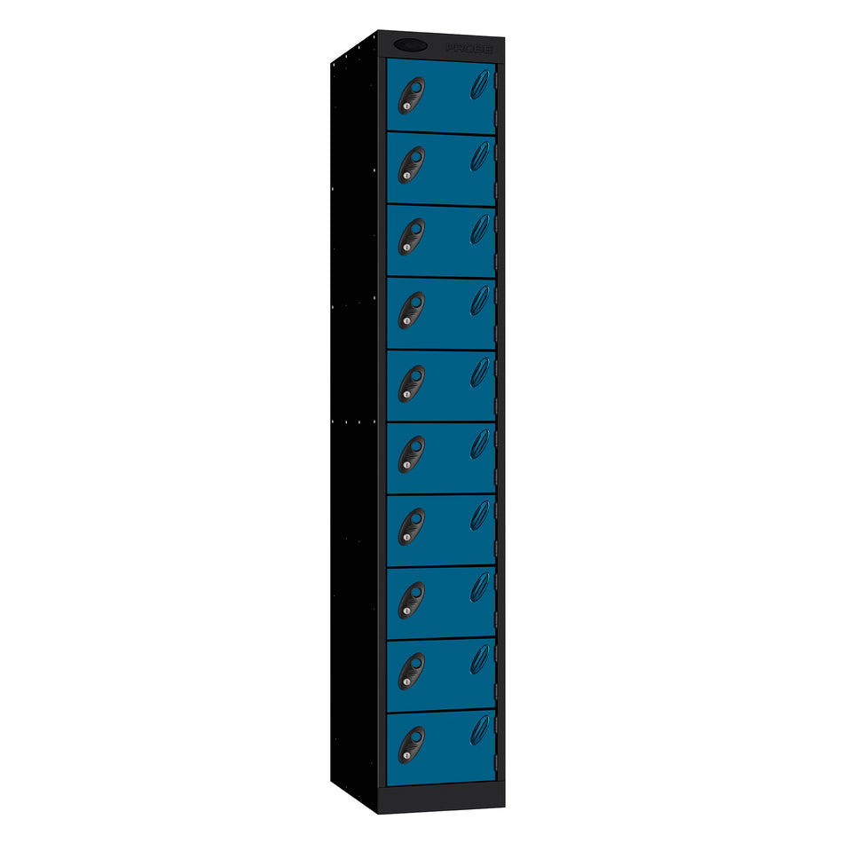Probe Standard Metric Locker — 10 Door, Sloping Top, Triple Width — Black Carcass / Blue Doors