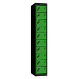 Probe Standard Metric Locker — 10 Door, Flat Top, Triple Width — Black Carcass / Green Doors