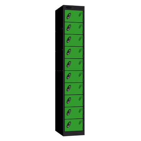 Probe Standard Metric Locker — 10 Door, Flat Top, Triple Width — Black Carcass / Green Doors