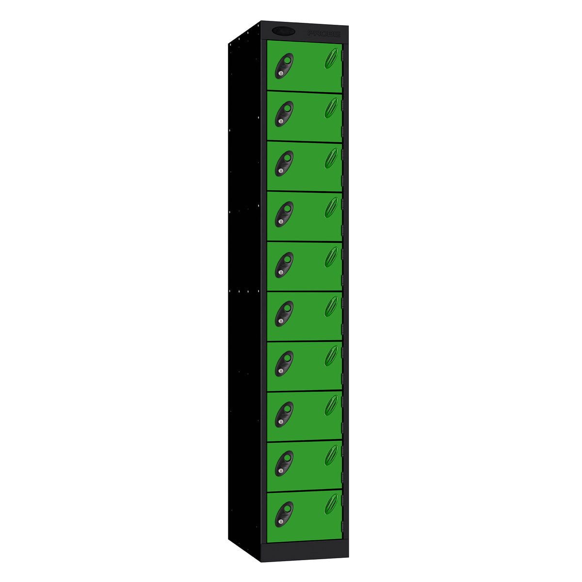 Probe Standard Metric Locker — 10 Door, Sloping Top, Double Width (300mm) — Black Carcass / Green Doors