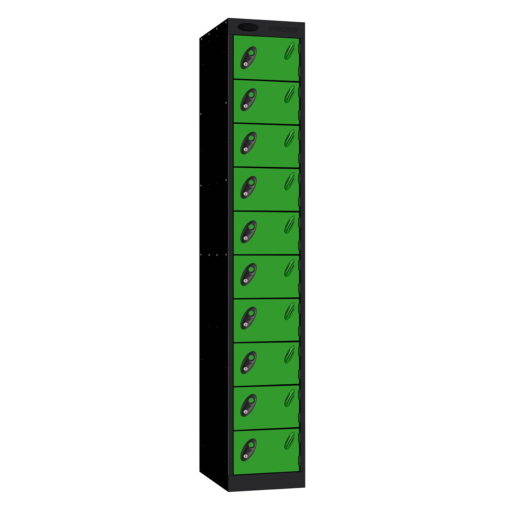 Probe Standard Metric Locker — 10 Door, Flat Top, Double Width (380-450mm) — Black Carcass / Green Doors