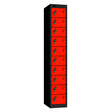 Probe Standard Metric Locker — 10 Door, Flat Top, Double Width (300mm) — Black Carcass / Red Doors