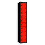 Probe Standard Metric Locker — 10 Door, Flat Top, Triple Width — Black Carcass / Red Doors