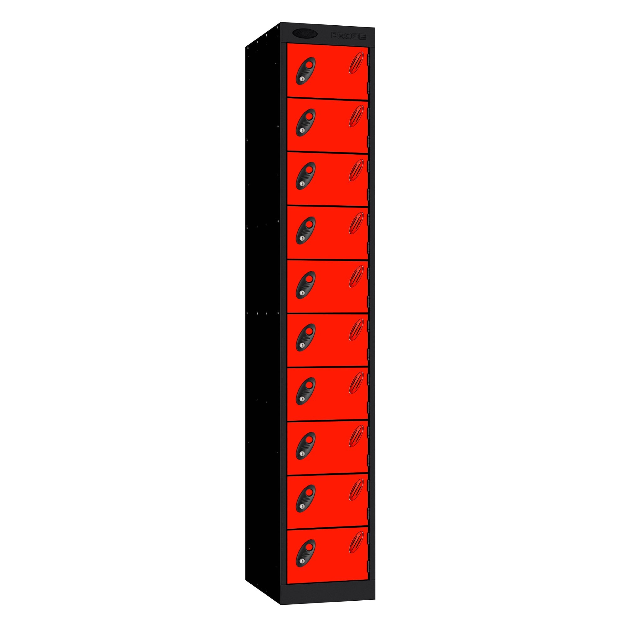 Probe Standard Metric Locker — 10 Door, Sloping Top, Double Width (380-450mm) — Black Carcass / Red Doors