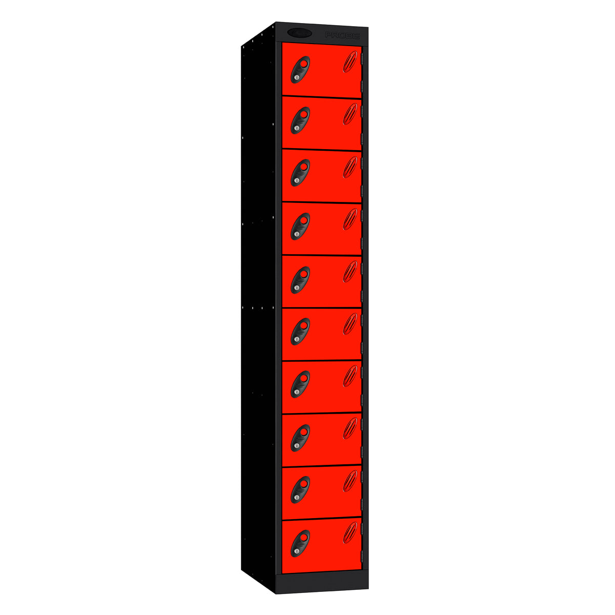 Probe Standard Metric Locker — 10 Door, Flat Top, Triple Width — Black Carcass / Red Doors