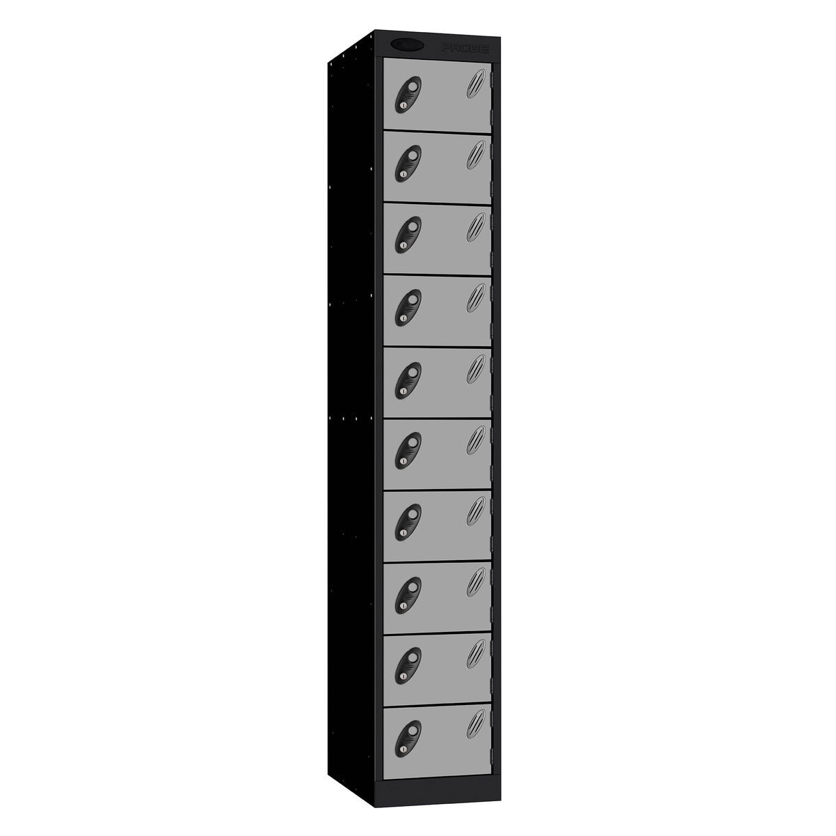 Probe Standard Metric Locker — 10 Door, Flat Top, Double Width (300mm) — Black Carcass / Silver Doors