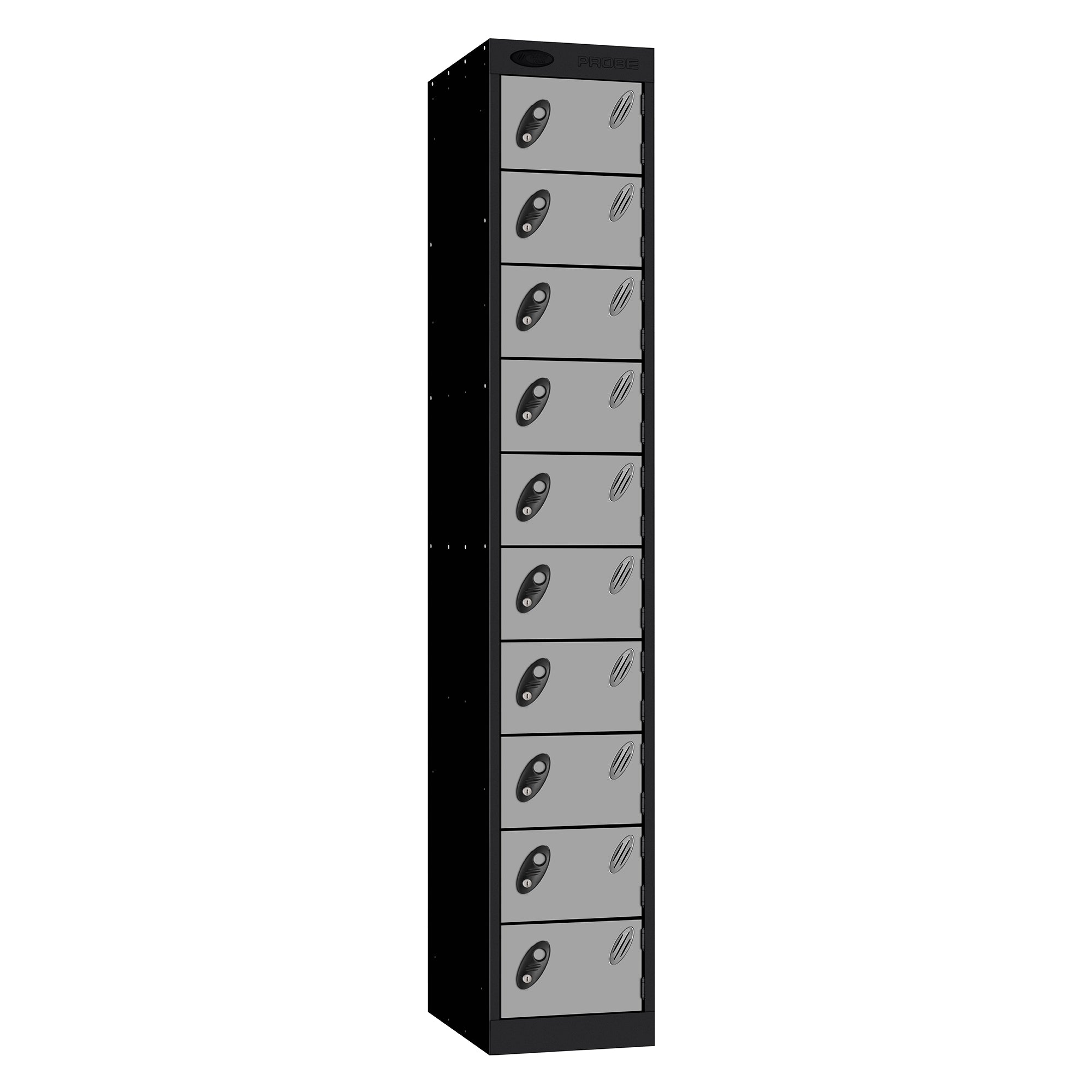 Probe Standard Metric Locker — 10 Door, Flat Top, Double Width (300mm) — Black Carcass / Silver Doors