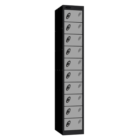 Probe Standard Metric Locker — 10 Door, Flat Top, Double Width (300mm) — Black Carcass / Silver Doors