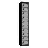 Probe Standard Metric Locker — 10 Door, Sloping Top, Triple Width — Black Carcass / Silver Doors