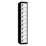 Probe Standard Metric Locker — 10 Door, Flat Top, Double Width (300mm) — Black Carcass / White Doors