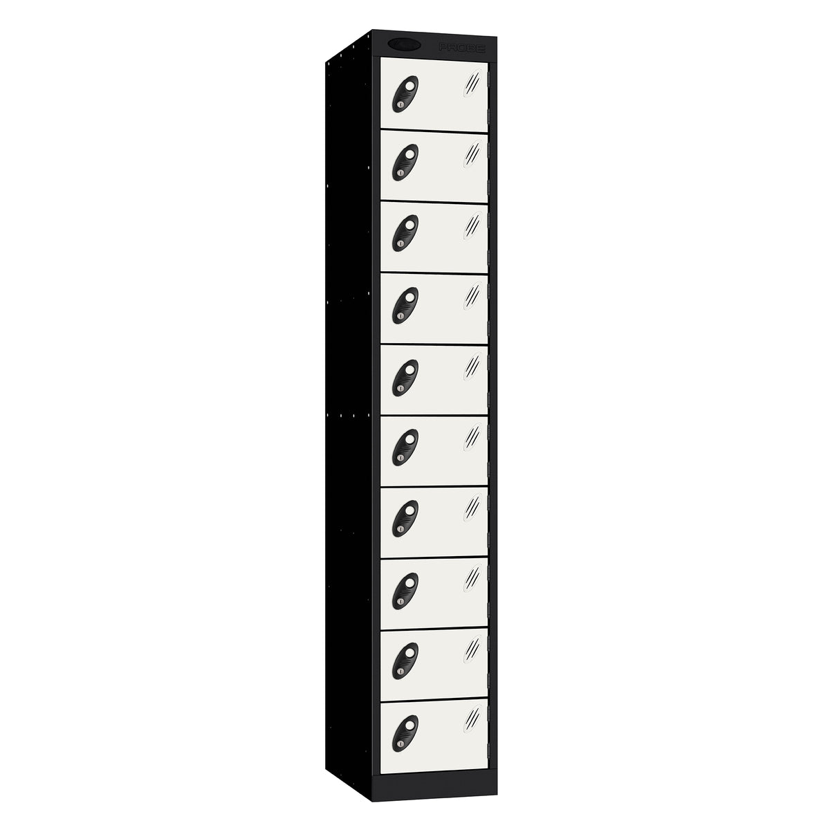 Probe Standard Metric Locker — 10 Door, Flat Top, Double Width (380-450mm) — Black Carcass / White Doors