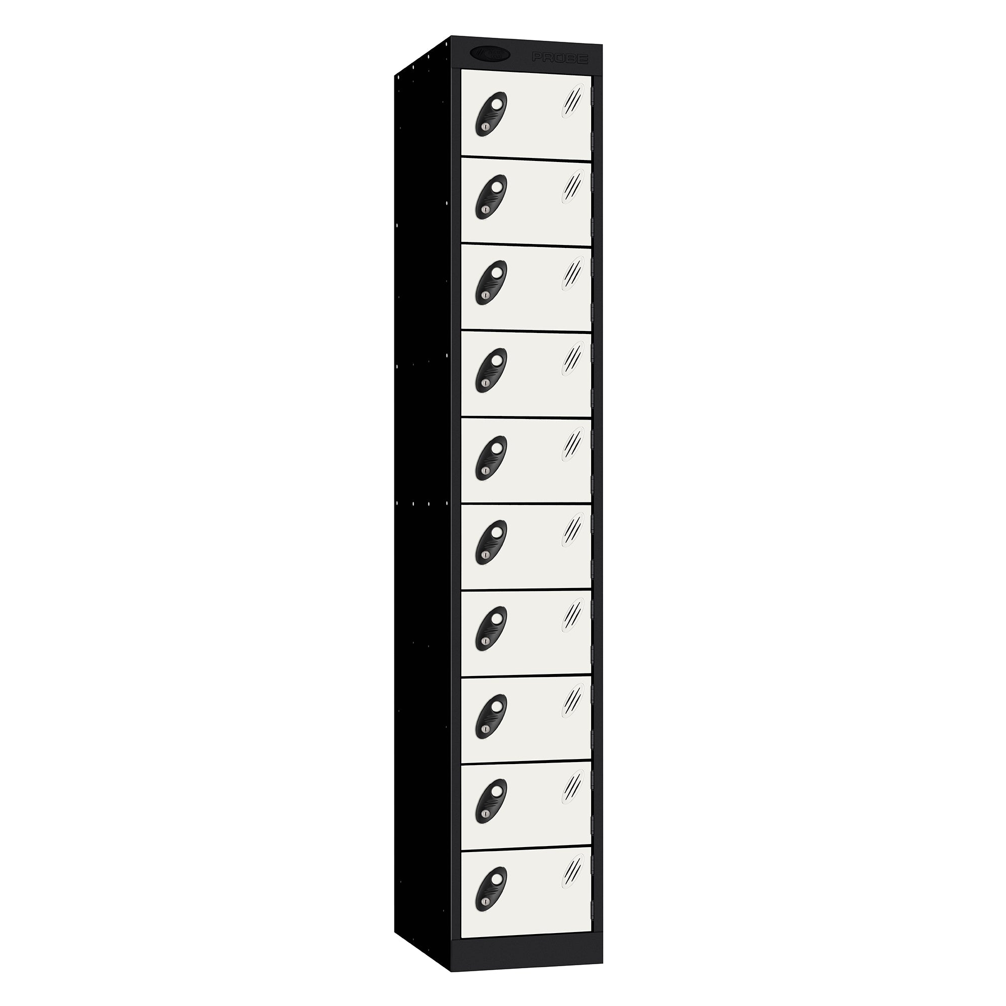 Probe Standard Metric Locker — 10 Door, Flat Top, Triple Width — Black Carcass / White Doors