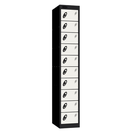 Probe Standard Metric Locker — 10 Door, Flat Top, Triple Width — Black Carcass / White Doors