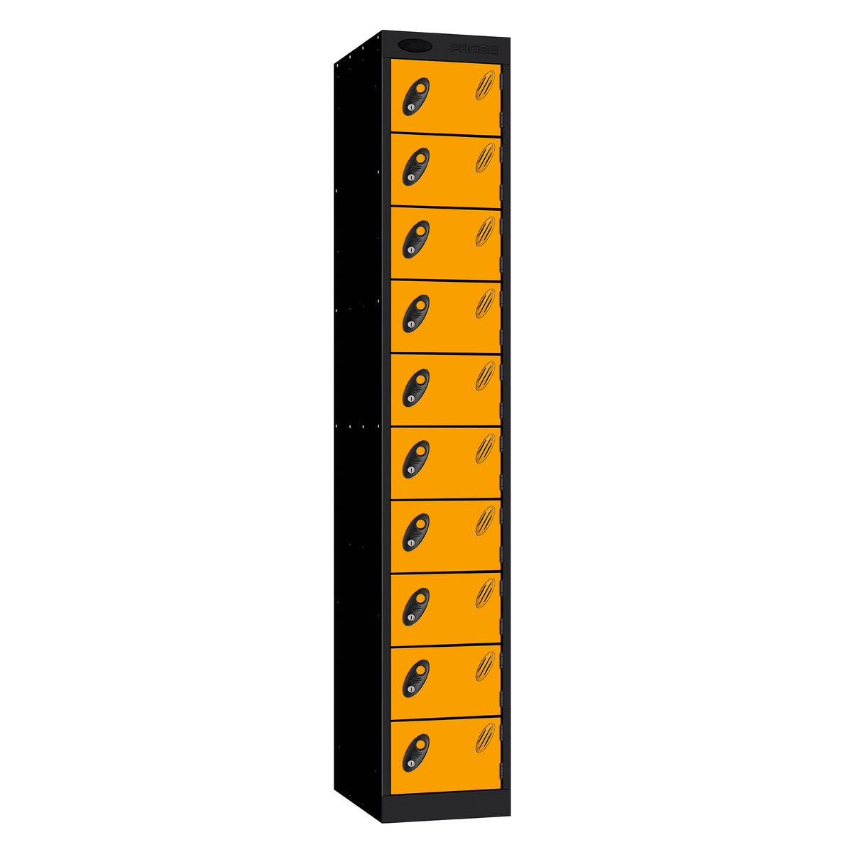 Probe Standard Metric Locker — 10 Door, Sloping Top, Double Width (300mm) — Black Carcass / Yellow Doors