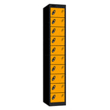 Probe Standard Metric Locker — 10 Door, Flat Top, Double Width (300mm) — Black Carcass / Yellow Doors