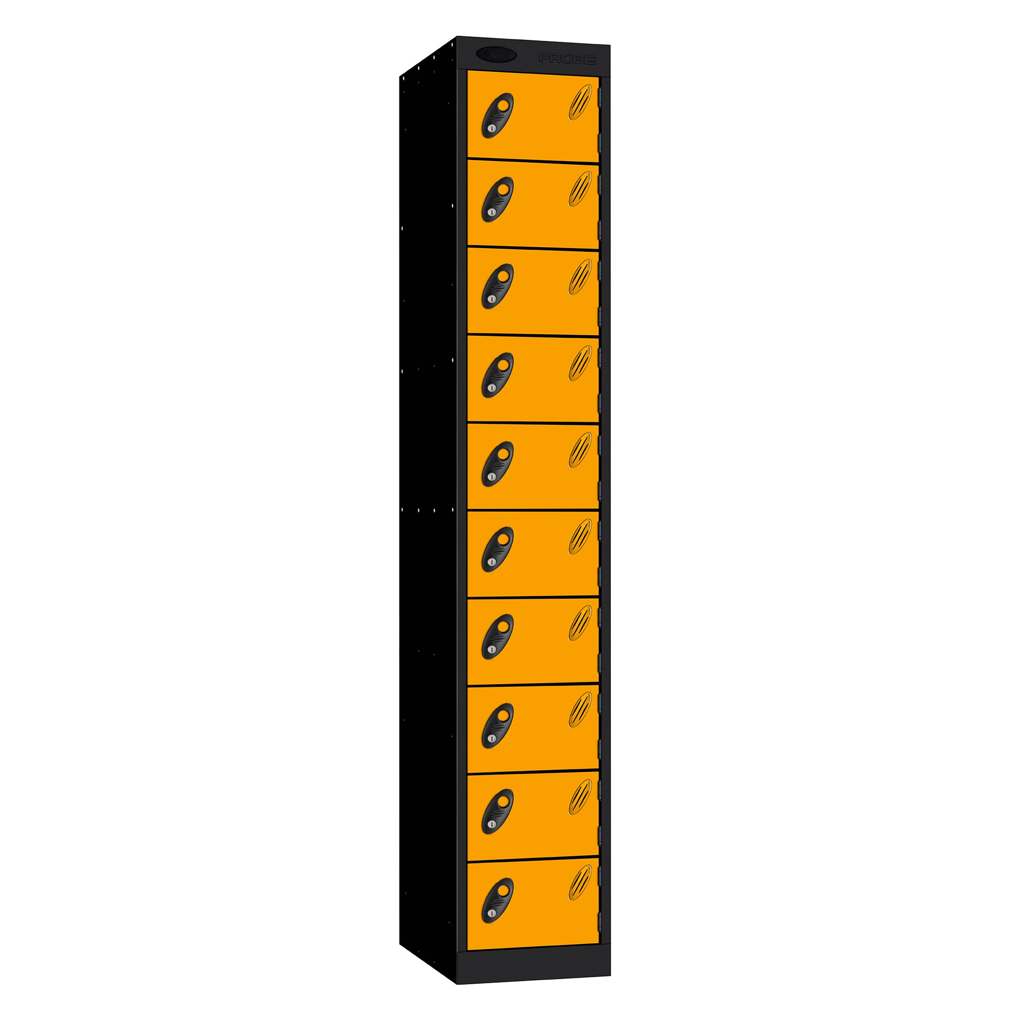 Probe Standard Metric Locker — 10 Door, Flat Top, Triple Width — Black Carcass / Yellow Doors