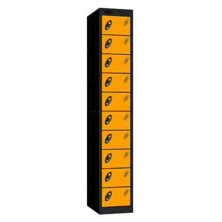 Probe Standard Metric Locker — 10 Door, Flat Top, Double Width (380-450mm) — Black Carcass / Yellow Doors