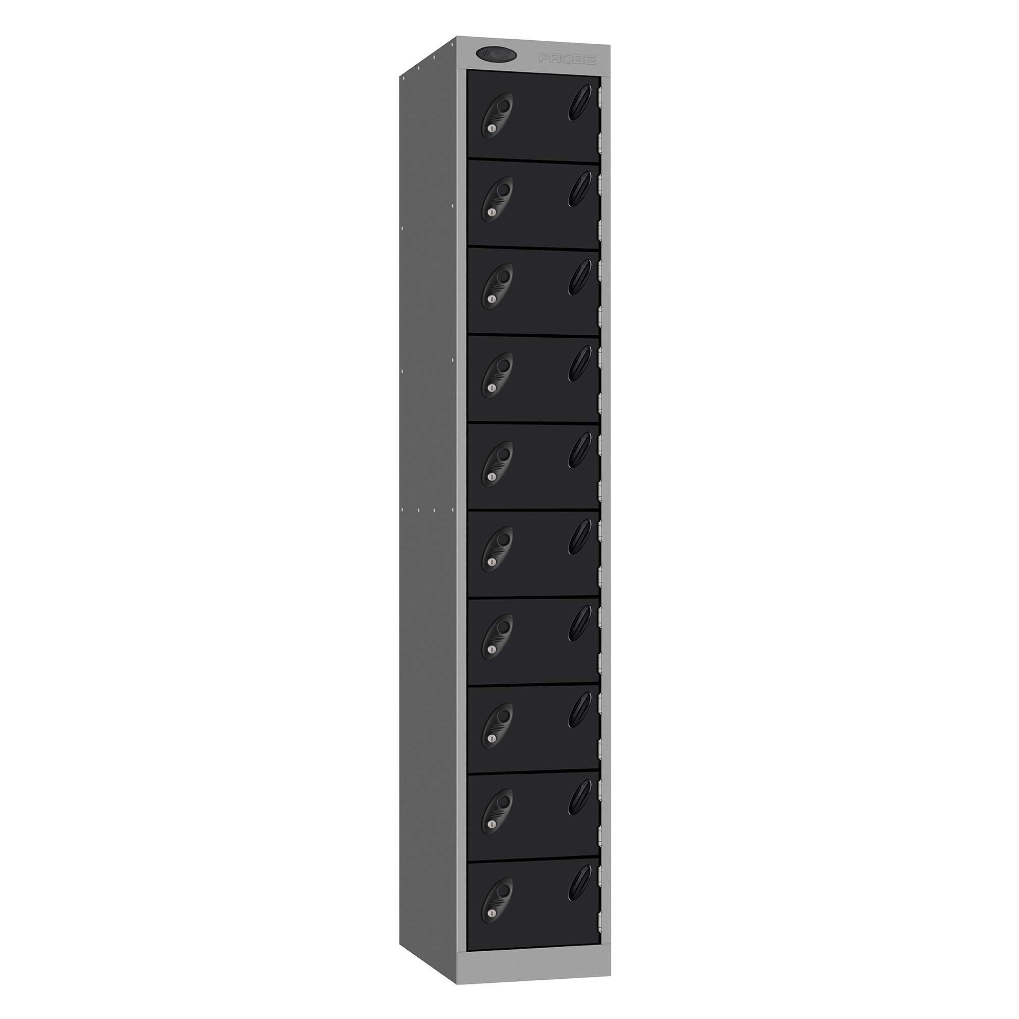 Probe Standard Metric Locker — 10 Door, Flat Top, Double Width (300mm) — Silver Carcass / Black Doors