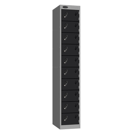 Probe Standard Metric Locker — 10 Door, Sloping Top, Double Width (380-450mm) — Silver Carcass / Black Doors