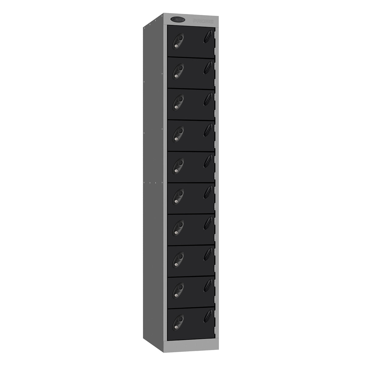 Probe Standard Metric Locker — 10 Door, Sloping Top, Triple Width — Silver Carcass / Black Doors