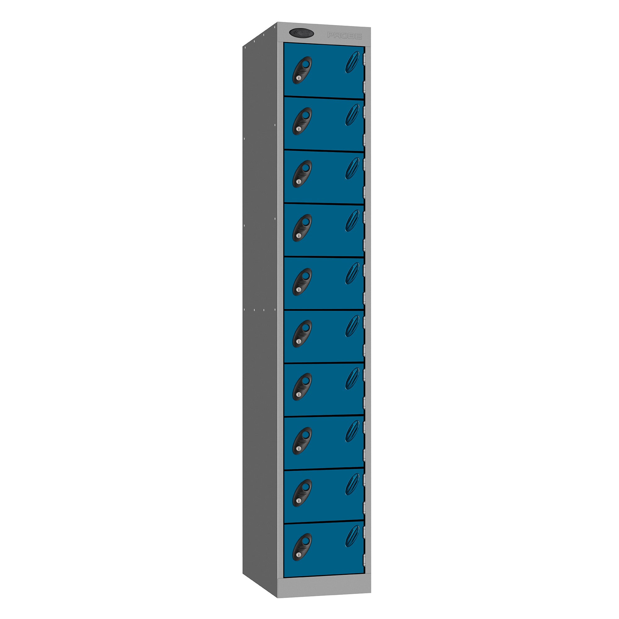 Probe Standard Metric Locker — 10 Door, Sloping Top, Double Width (300mm) — Silver Carcass / Blue Doors