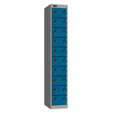 Probe Standard Metric Locker — 10 Door, Sloping Top, Double Width (300mm) — Silver Carcass / Blue Doors