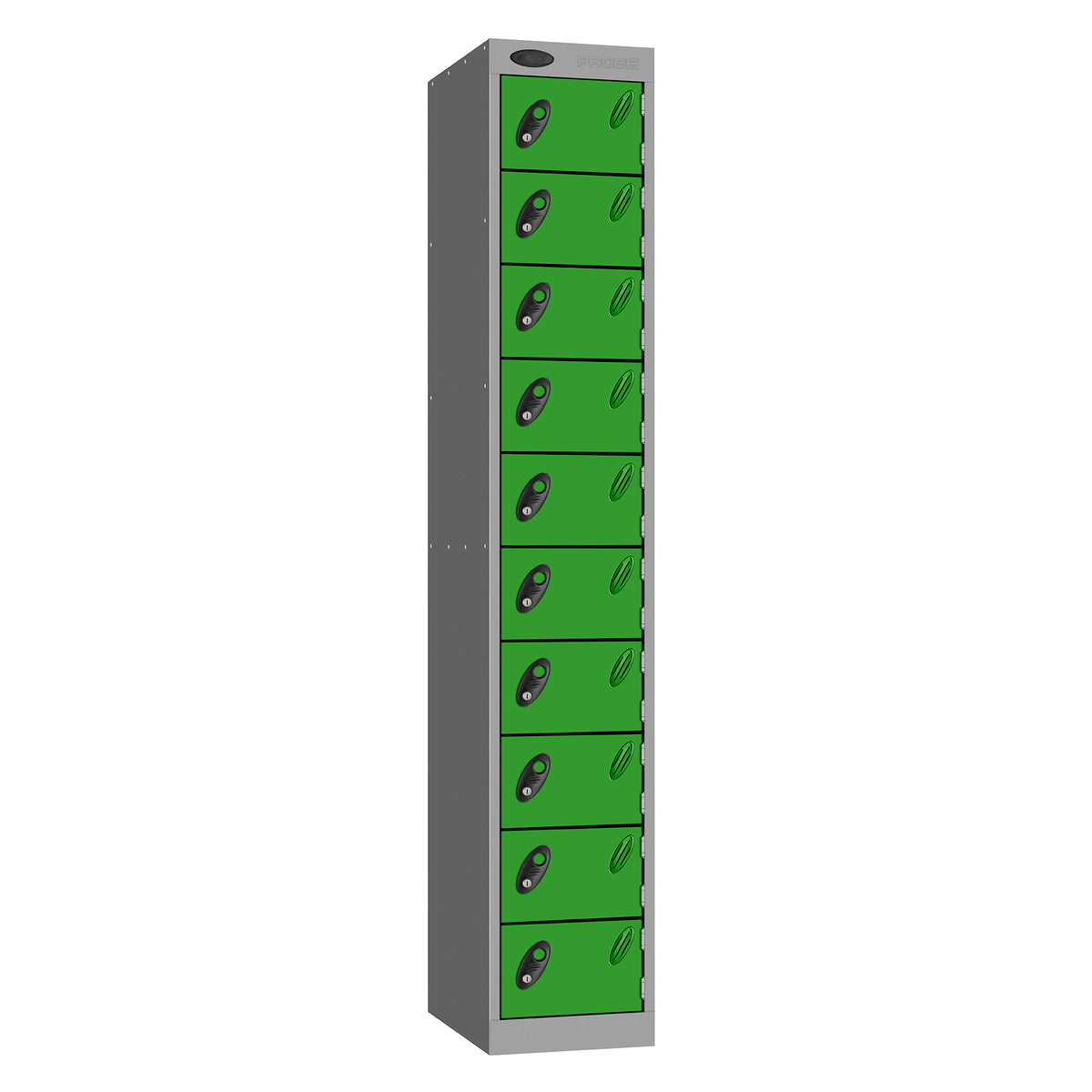 Probe Standard Metric Locker — 10 Door, Flat Top, Triple Width — Silver Carcass / Green Doors