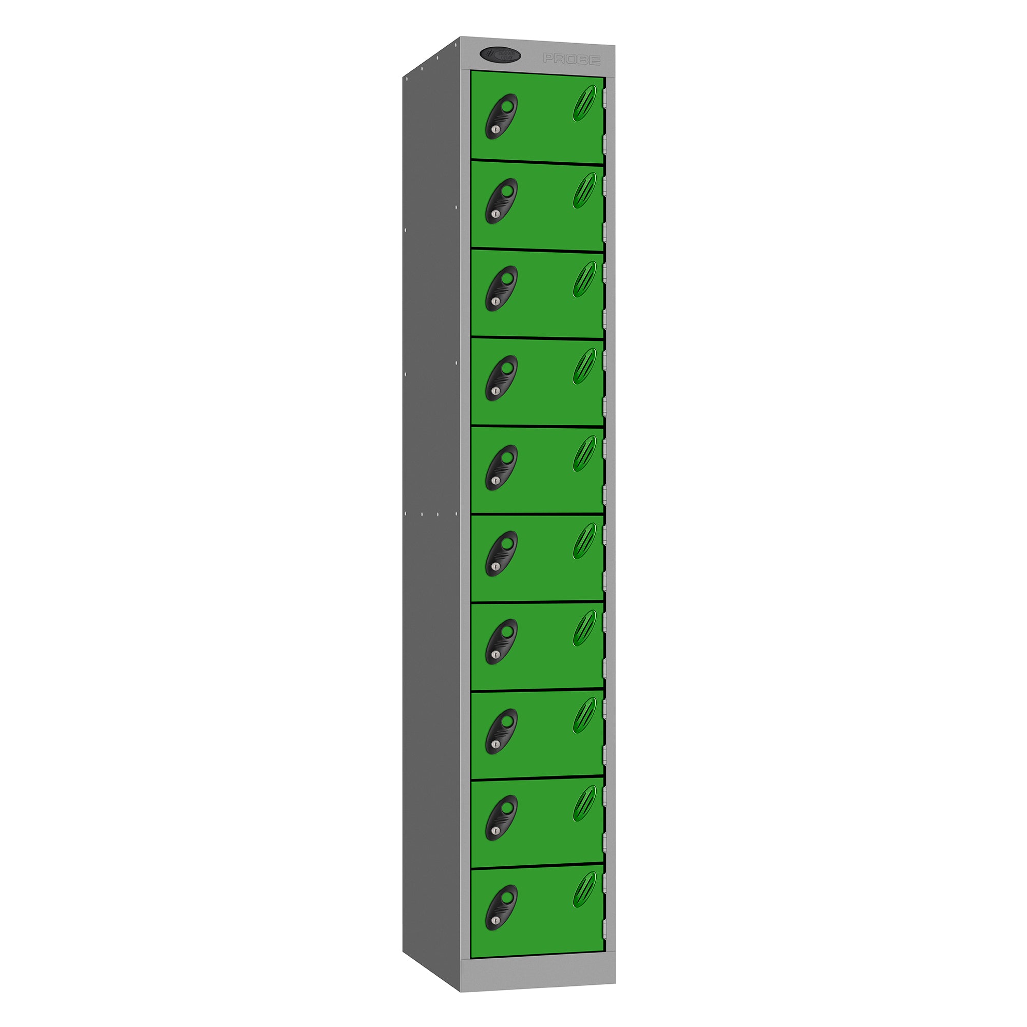 Probe Standard Metric Locker — 10 Door, Sloping Top, Triple Width — Silver Carcass / Green Doors
