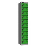Probe Standard Metric Locker — 10 Door, Flat Top, Triple Width — Silver Carcass / Green Doors