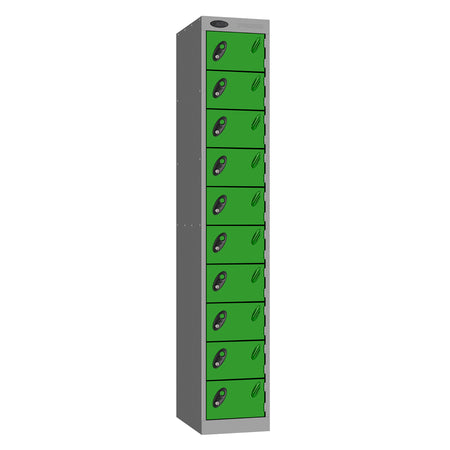Probe Standard Metric Locker — 10 Door, Flat Top, Double Width (380-450mm) — Silver Carcass / Green Doors
