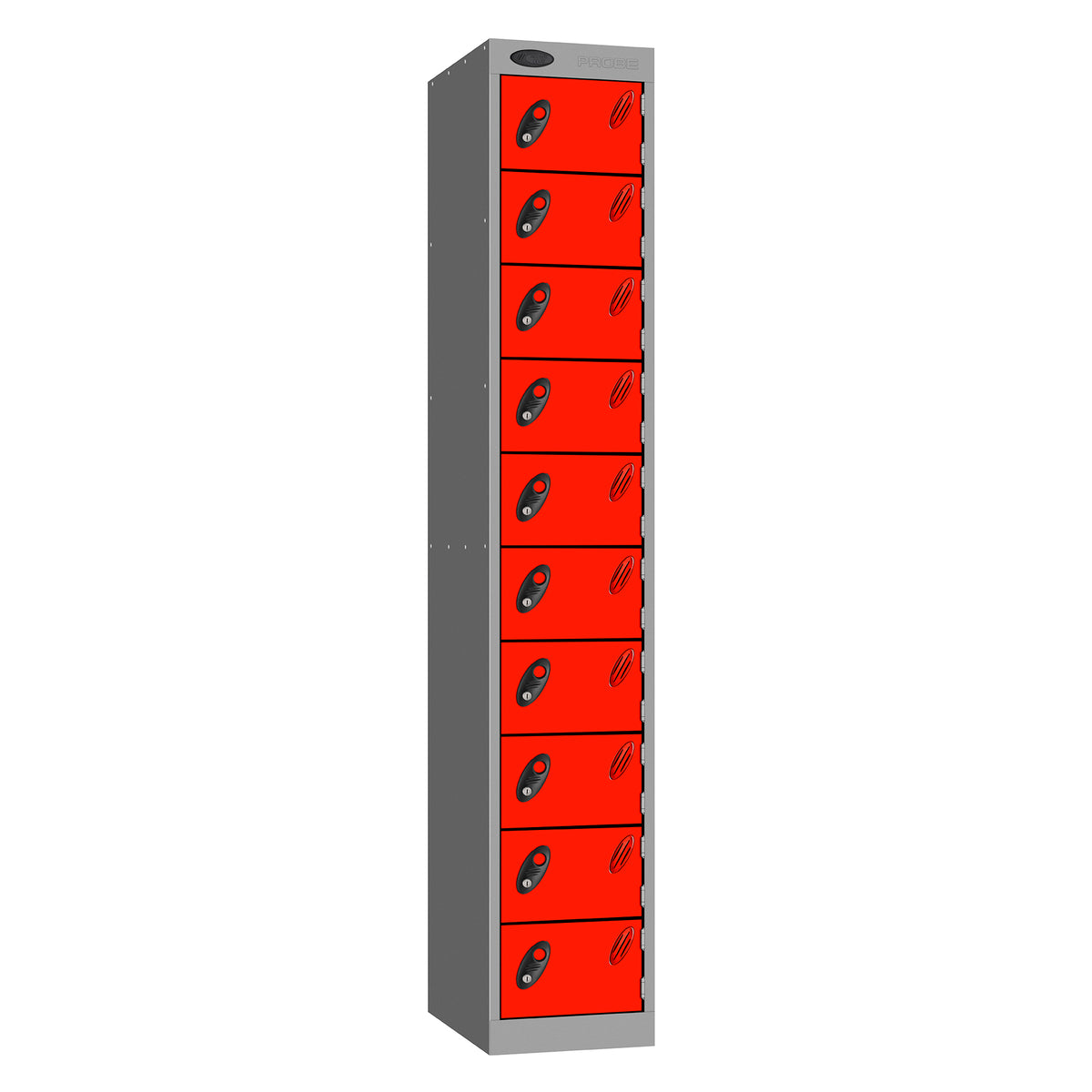 Probe Standard Metric Locker — 10 Door, Flat Top, Double Width (300mm) — Silver Carcass / Red Doors