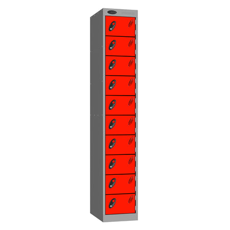 Probe Standard Metric Locker — 10 Door, Flat Top, Double Width (300mm) — Silver Carcass / Red Doors