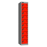 Probe Standard Metric Locker — 10 Door, Flat Top, Triple Width — Silver Carcass / Red Doors
