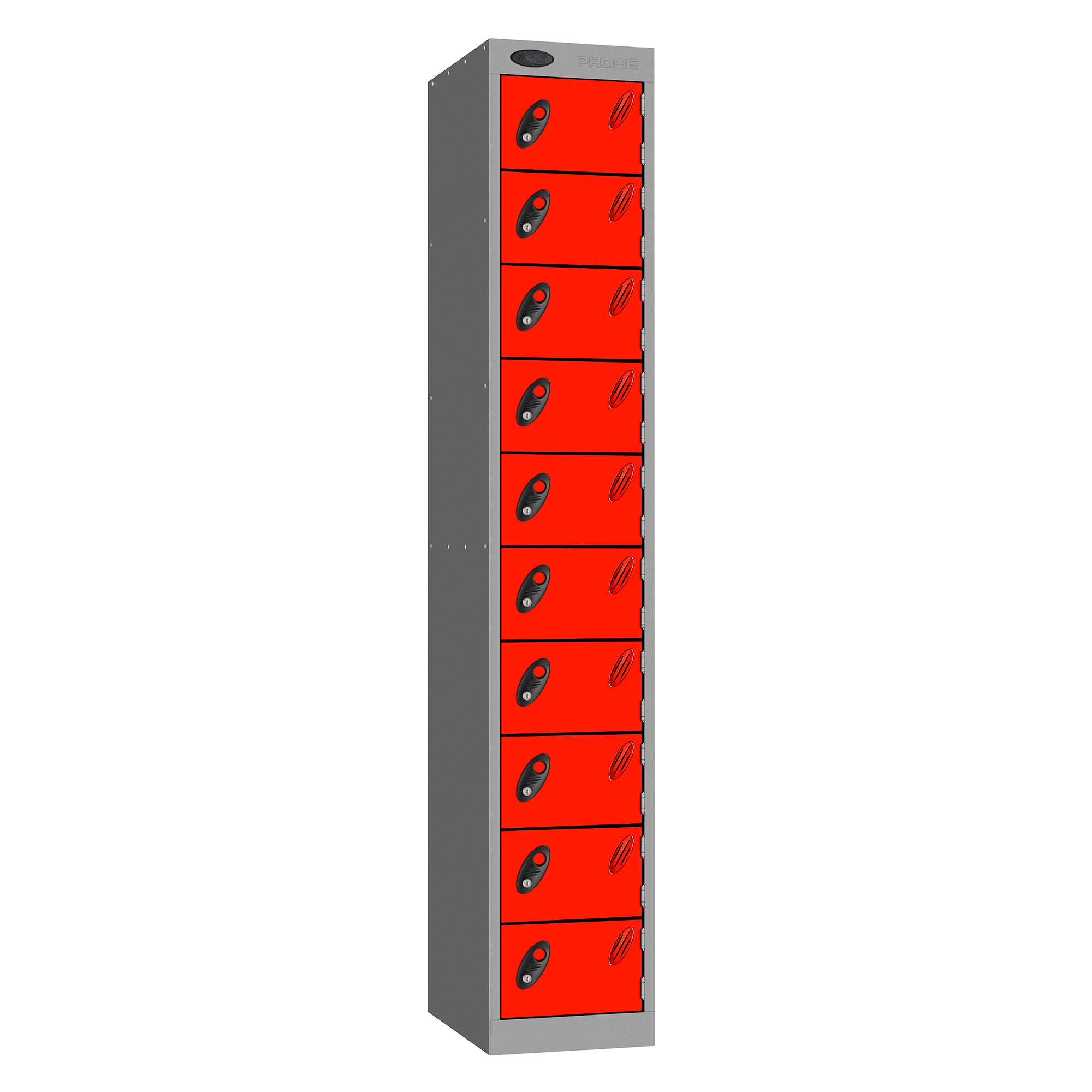 Probe Standard Metric Locker — 10 Door, Flat Top, Triple Width — Silver Carcass / Red Doors