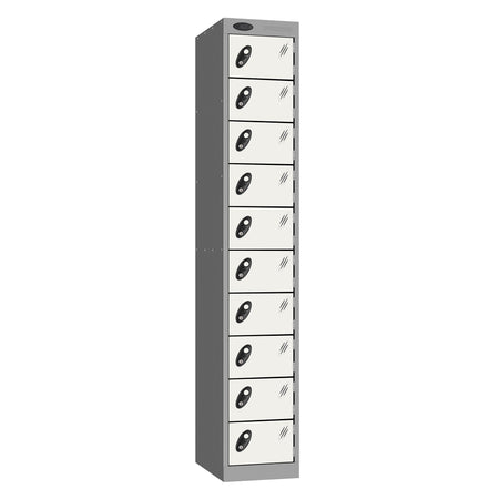 Probe Standard Metric Locker — 10 Door, Sloping Top, Double Width (300mm) — Silver Carcass / White Doors
