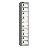 Probe Standard Metric Locker — 10 Door, Sloping Top, Triple Width — Silver Carcass / White Doors