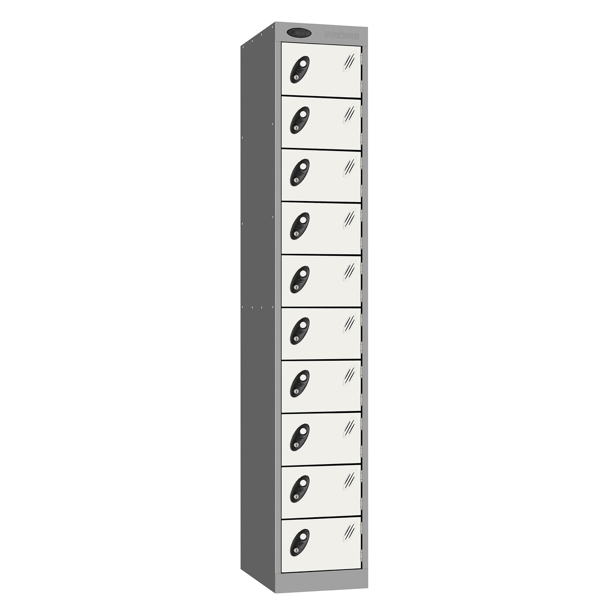 Probe Standard Metric Locker — 10 Door, Flat Top, Triple Width — Silver Carcass / White Doors