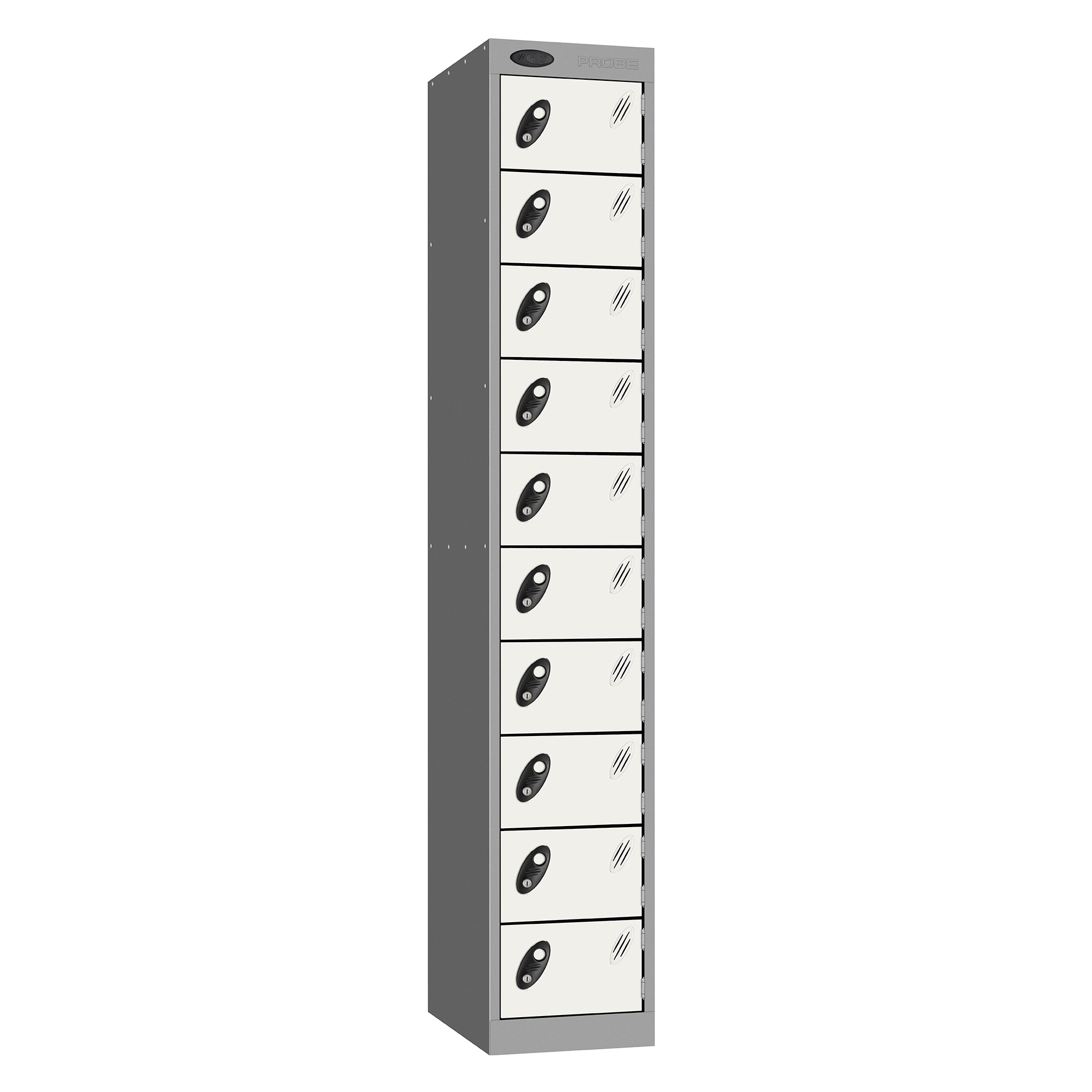 Probe Standard Metric Locker — 10 Door, Sloping Top, Double Width (380-450mm) — Silver Carcass / White Doors