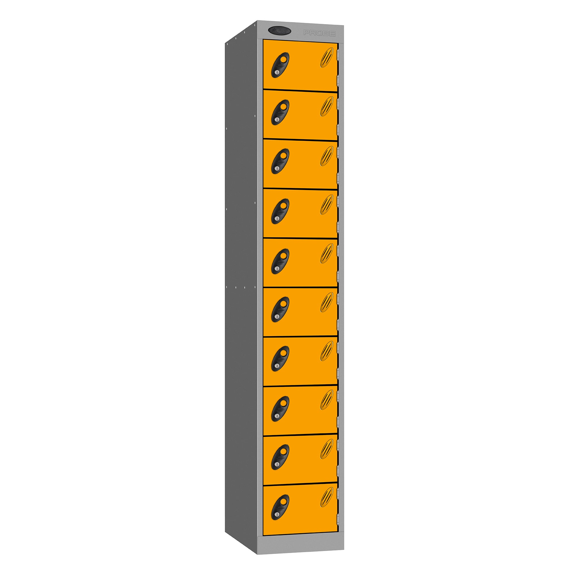 Probe Standard Metric Locker — 10 Door, Flat Top, Double Width (300mm) — Silver Carcass / Yellow Doors
