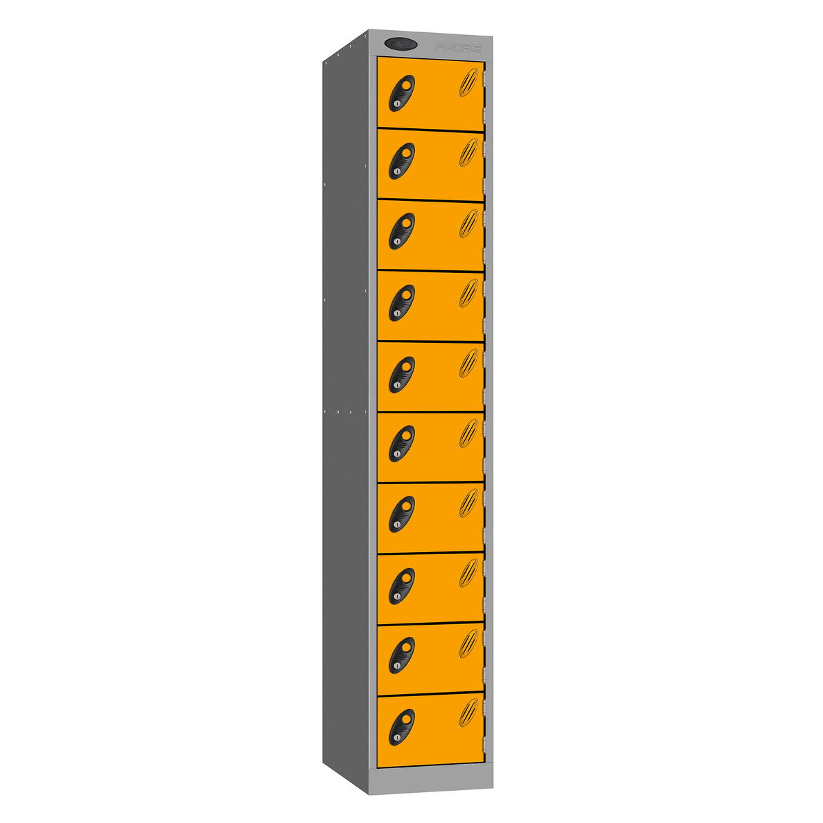 Probe Standard Metric Locker — 10 Door, Flat Top, Triple Width — Silver Carcass / Yellow Doors