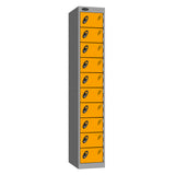 Probe Standard Metric Locker — 10 Door, Flat Top, Triple Width — Silver Carcass / Yellow Doors
