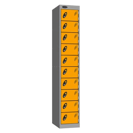 Probe Standard Metric Locker — 10 Door, Flat Top, Double Width (380-450mm) — Silver Carcass / Yellow Doors