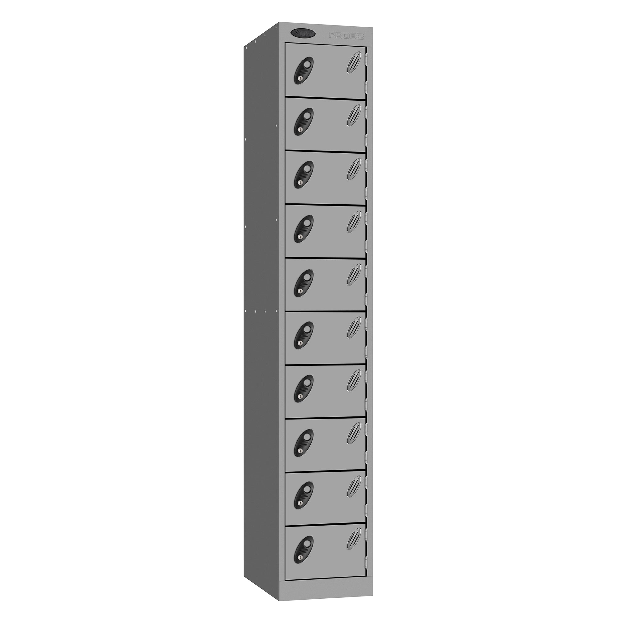 Probe Standard Metric Locker — 10 Door, Flat Top, Double Width (380-450mm) — Silver Carcass / Silver Doors